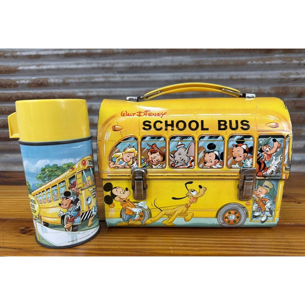 Vintage Alladin 1960s Walt Disney School Bus Dome Metal Lunchbox w/Thermos